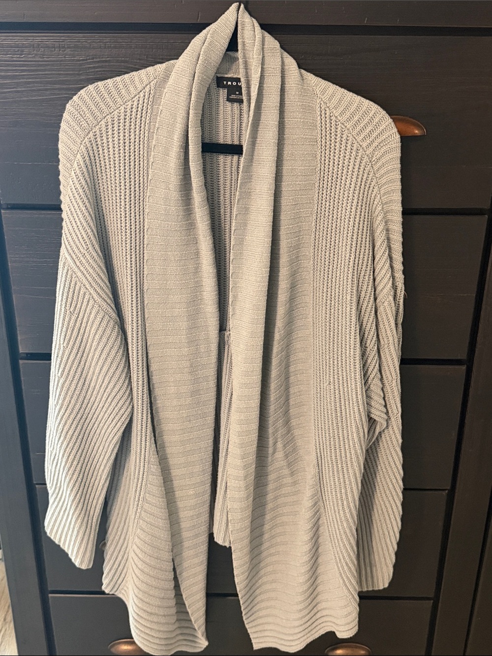 Trouve Women's Light Gray Draped Open-Front Ribbed Cardigan